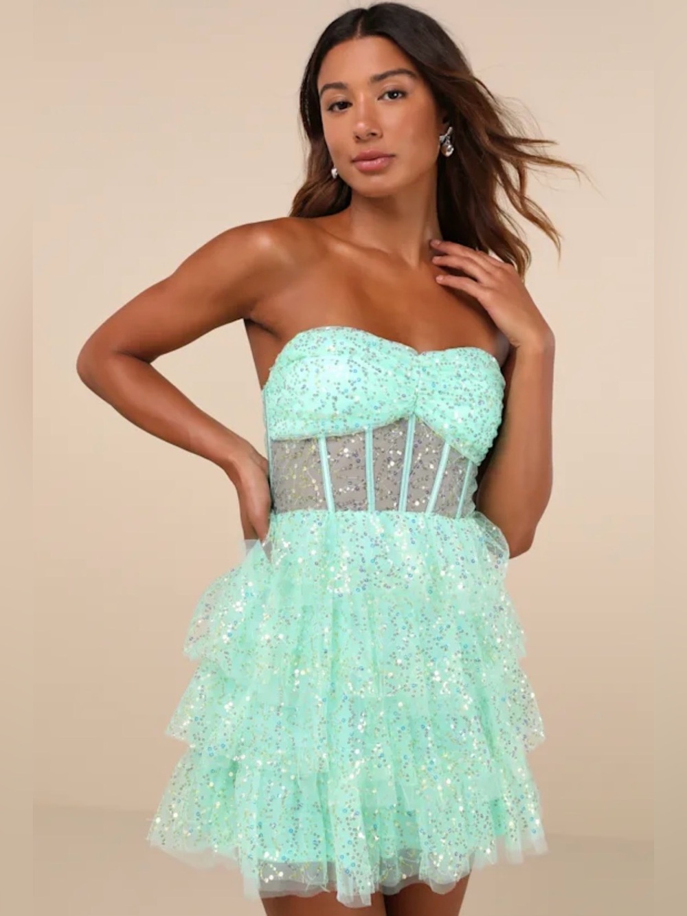 Strapless Mint Green Sheer Sequin Tulle Tiered Mini Corset Dress